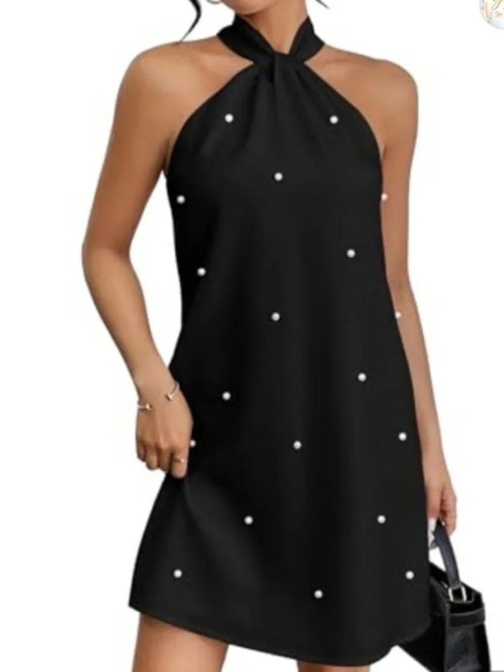 Black Beaded Pearl Halter Tie-Back Dress M NWT